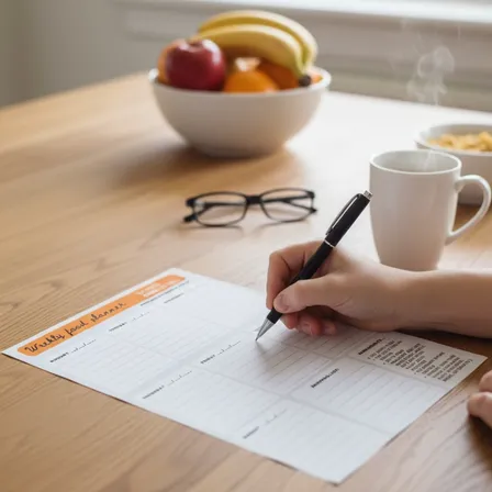 Hand filling out meal planning list on kitchen table