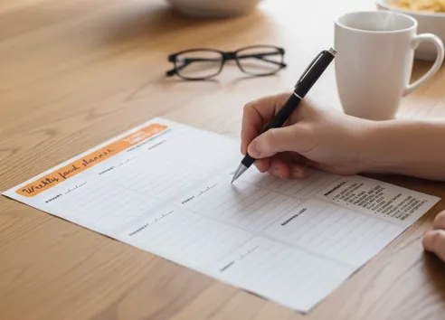 Hand filling out meal planning list on kitchen table