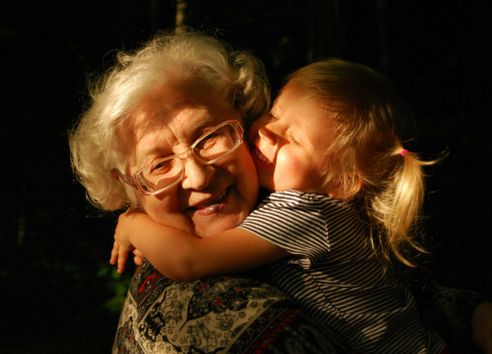 Older woman hugging young girl