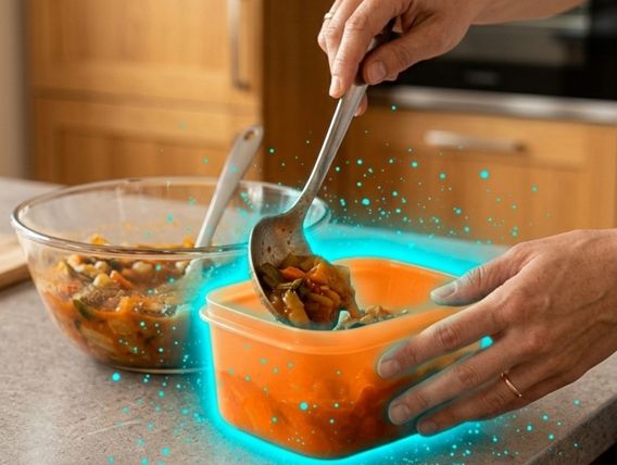 Woman putting food in a plastic container