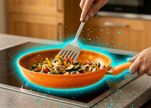 Orange frying pan on elctric hob with blue glowing around the food