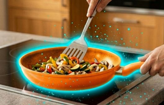 Orange frying pan on elctric hob with blue glowing around the food