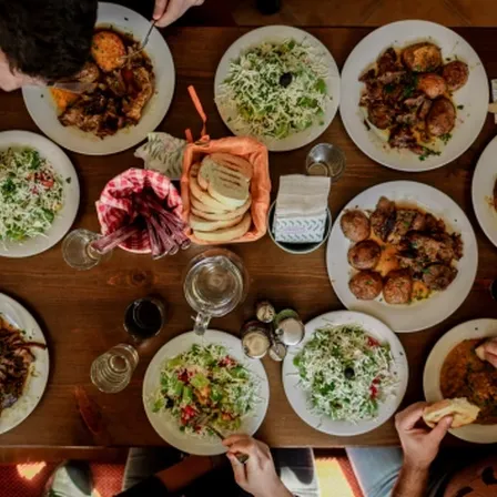 Ariel view of table with multiple bowls of food