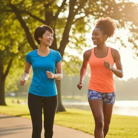 Two women running through park