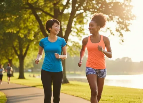 Two women running through park