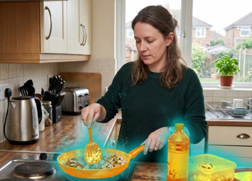 Woman in kitchen cooking on hob but frying pan, oil and tuppeerware is glowing orange and blue