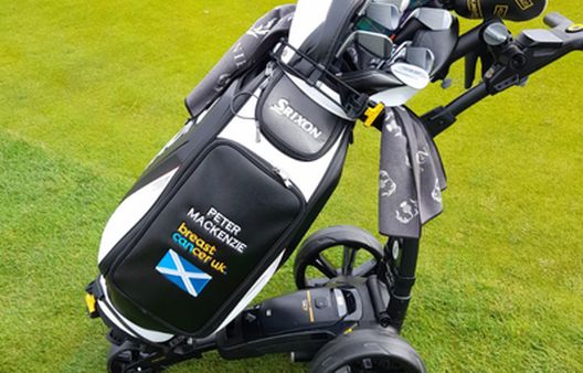 Black and white golf clubs on putting green with logos on side