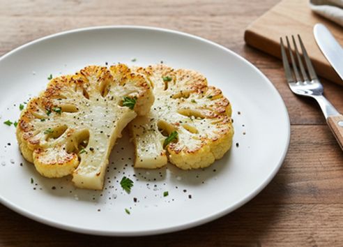 Overhead view of a healthy plant-based meal featuring two roasted cauliflower steaks seasoned with fresh herbs on a white plate.