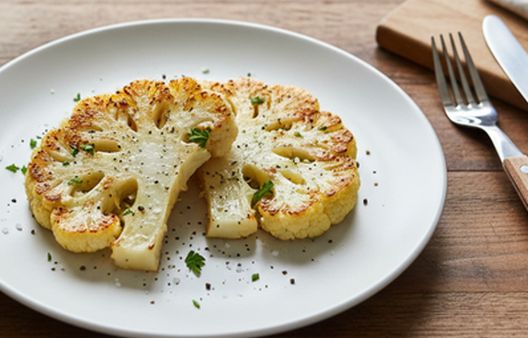 Overhead view of a healthy plant-based meal featuring two roasted cauliflower steaks seasoned with fresh herbs on a white plate.
