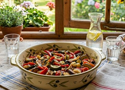 Homemade summer ratatouille served in a patterned ceramic dish on a rustic kitchen table.