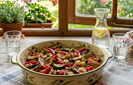 Homemade summer ratatouille served in a patterned ceramic dish on a rustic kitchen table.