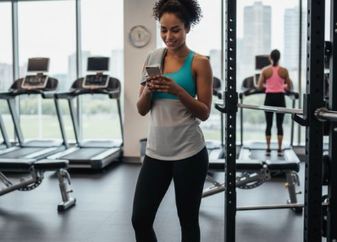 Woman with curly hair on phone in gym with towel on shoulder.
