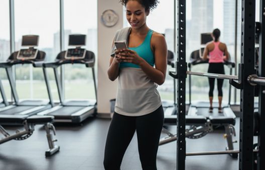 Woman with curly hair on phone in gym with towel on shoulder.
