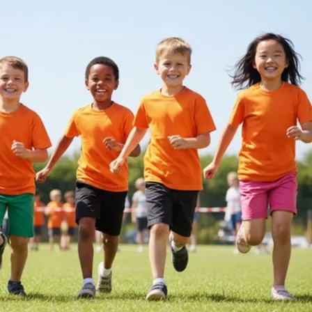 Young children in orange tshirts racing at fundraising event