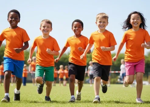 Young children in orange tshirts racing at fundraising event