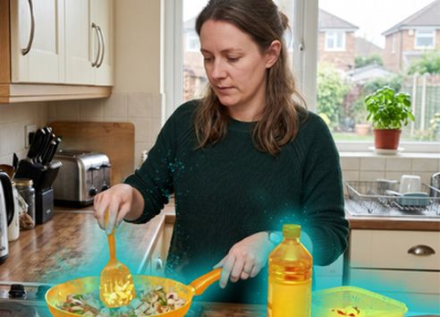 brunette woman in kitchen cooking with frying pan, oil and tupperware glowing orange and blue