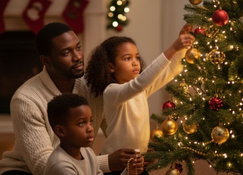 family hanging decorations on a tree