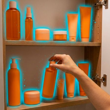 woman taking beauty products out of a bathroom cabinet