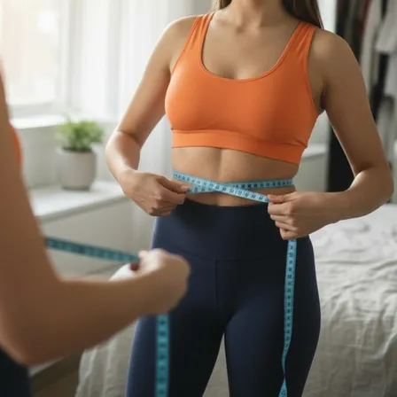 Woman measuring waist with tape measure in mirror