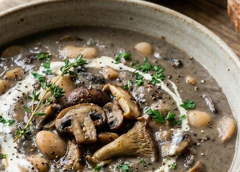 Close-up view of a bowl of grey butter bean and mushroom soup, garnished with whole butter beans and sliced mushrooms