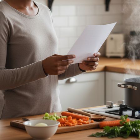Woman reading recipe as she prepares soup in her kitchen