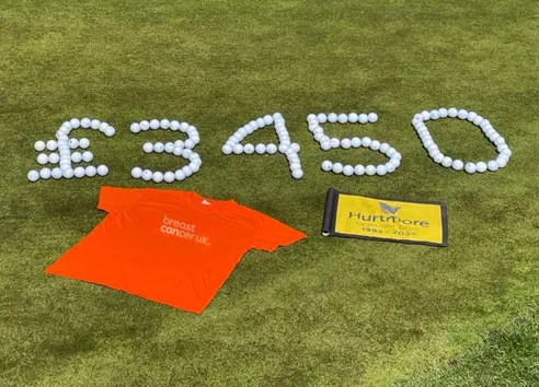 orange tshirt laid in front of golf balls set into amount of money on golfing green