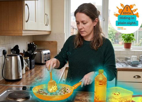 Woman in kitchen cooking on hob but frying pan, oil and tuppeerware is glowing orange and blue